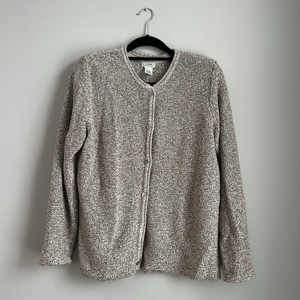 L.L.Bean Women’s XL Brown White 100% Cotton Knit Button Front Cardigan Sweater - Picture 1 of 4